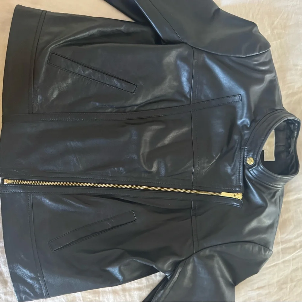Michael Kors Black Leather Moto Jacket with Gold Hardware - Picture 6 of 7